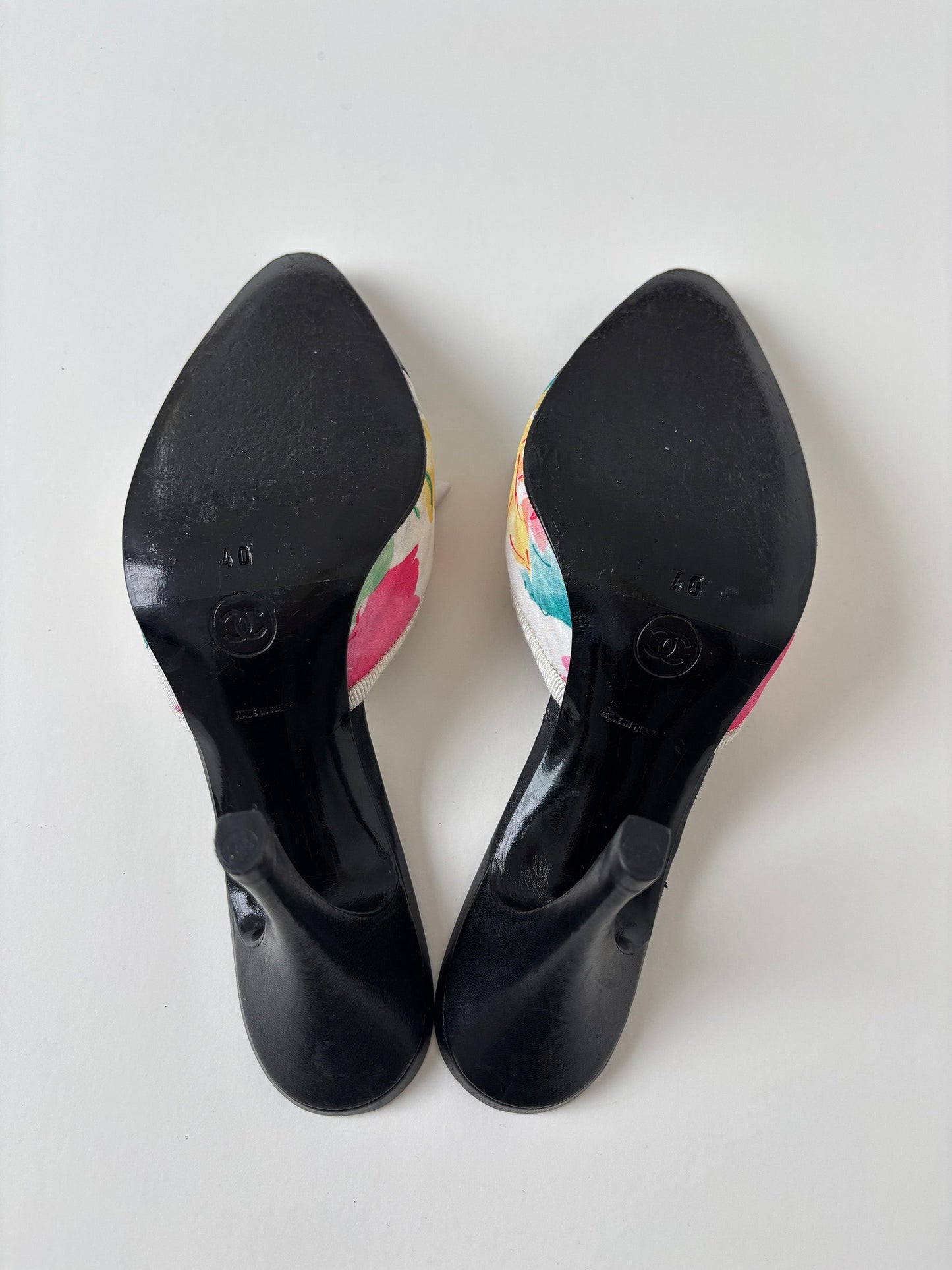 Chanel by Karl Lagerfeld 1990s floral bow logo mules (EU 40 / US 9.5)