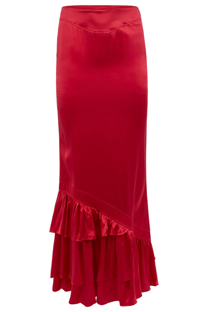 Vintage 2003 Roberto Cavalli Red Silk Maxi Ruffle Skirt - Image 2