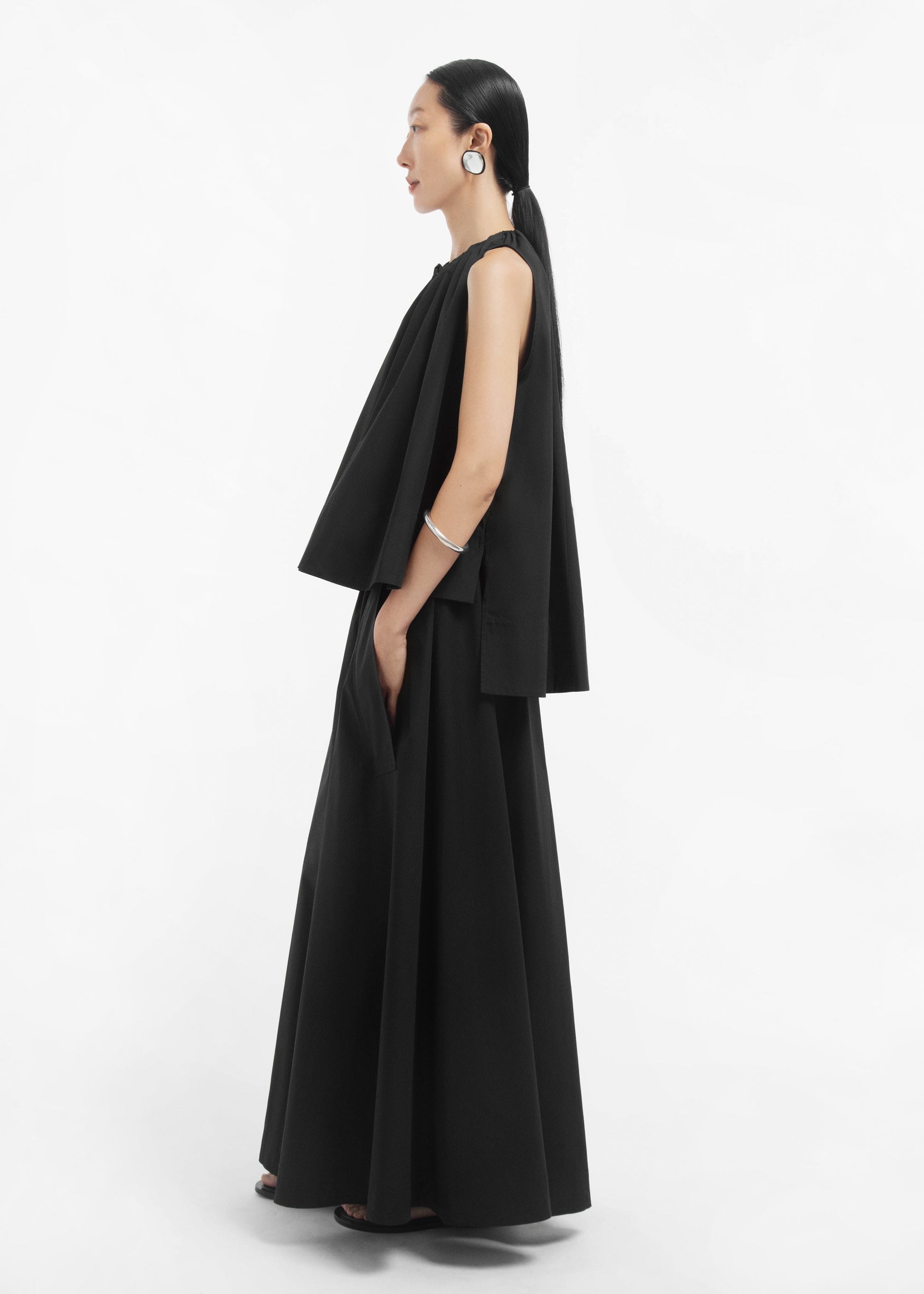 Gathered Tunic Shirt in Cotton Sateen - Black - Image 3