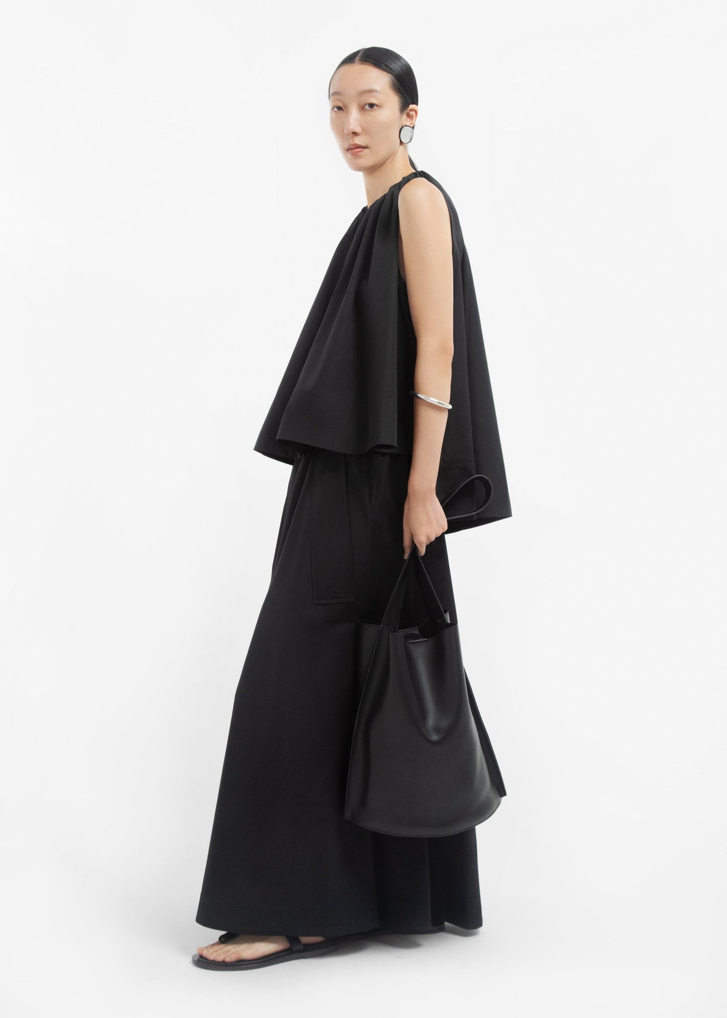Gathered Tunic Shirt in Cotton Sateen - Black - Image 5