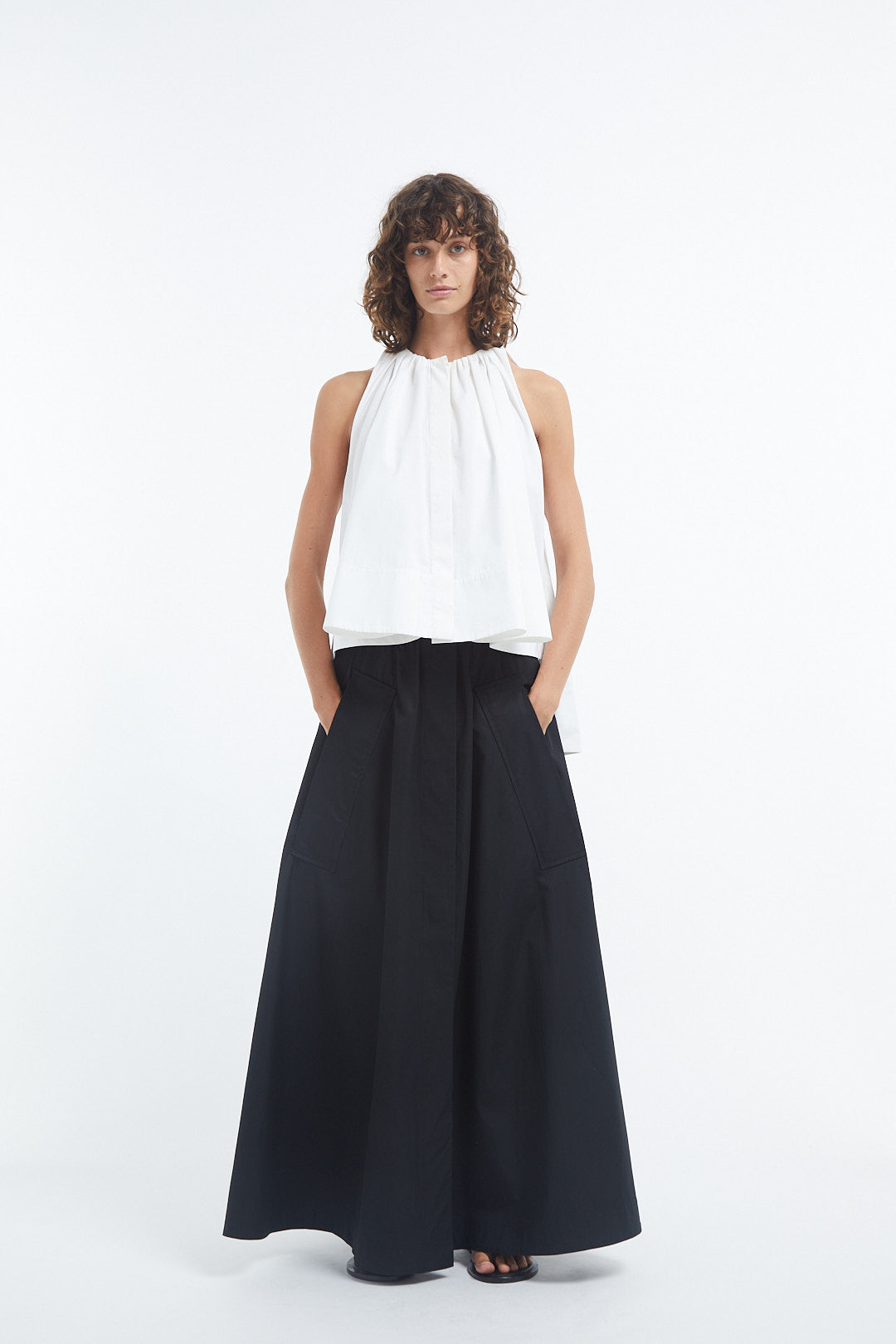 Gathered Tunic Shirt in Cotton Sateen - White - Image 3