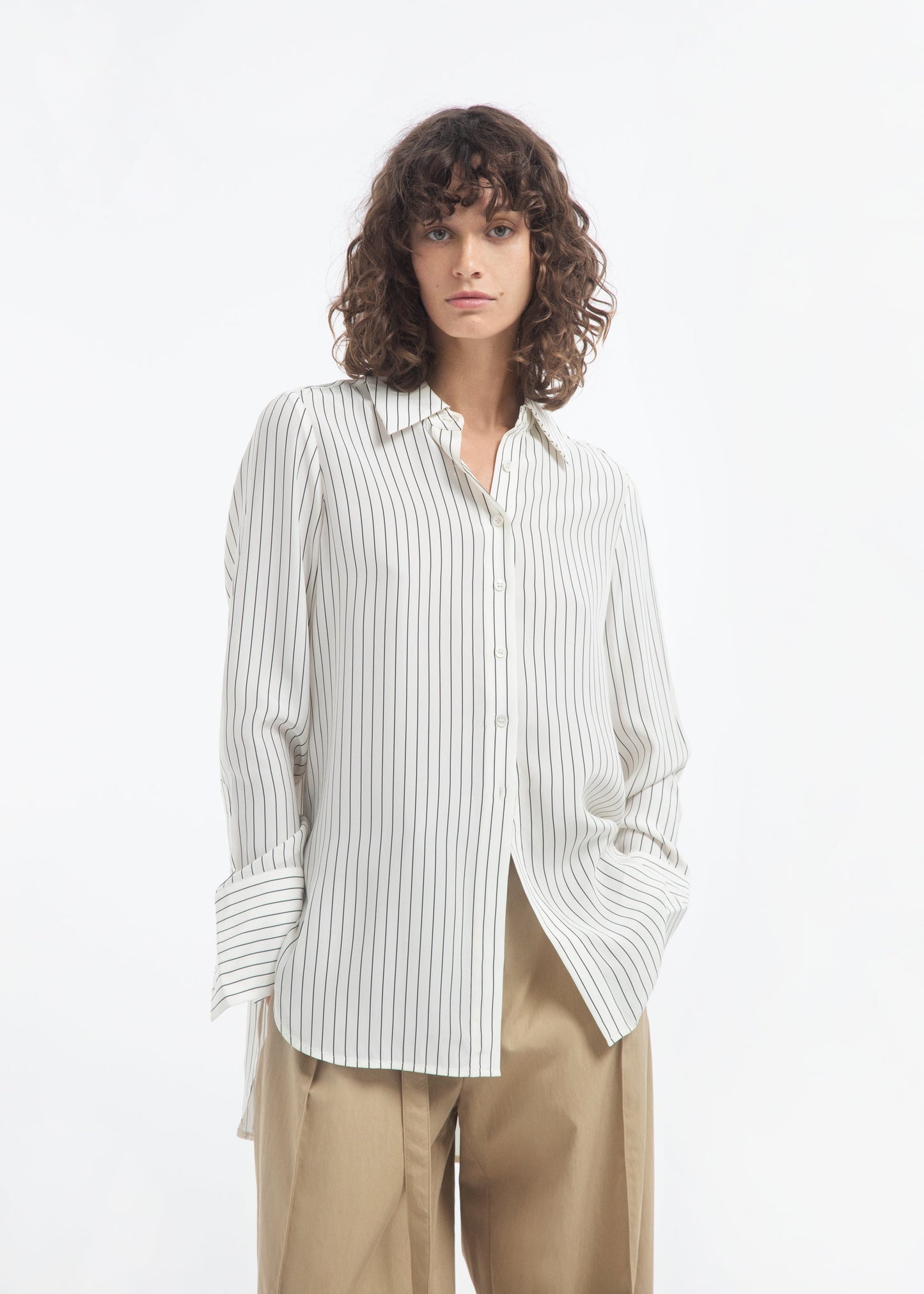 Collared Button Down Shirt in Silk - Stripe - Image 3