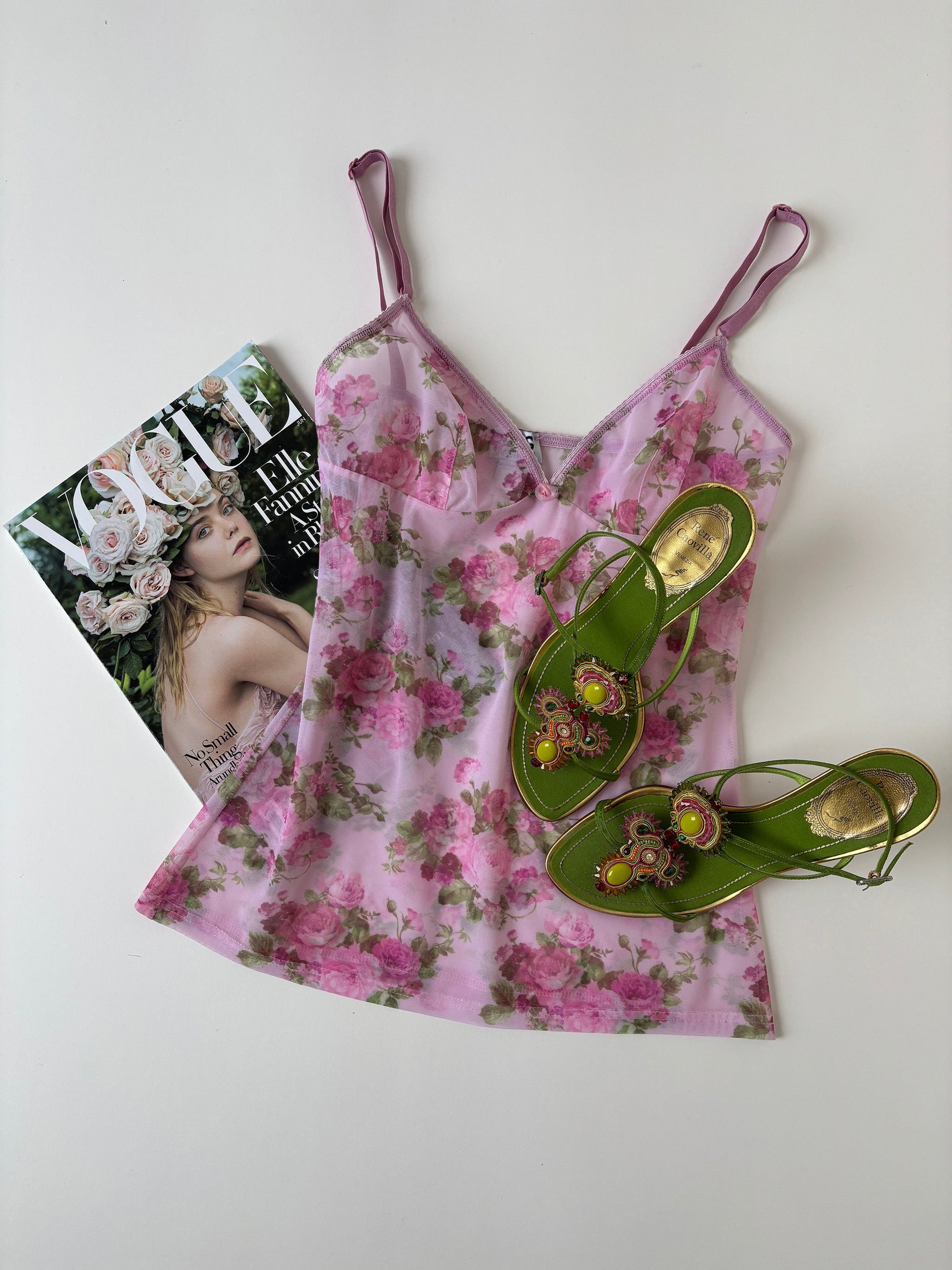 Dolce & Gabbana 2000s pink sheer roses mesh top XS-S