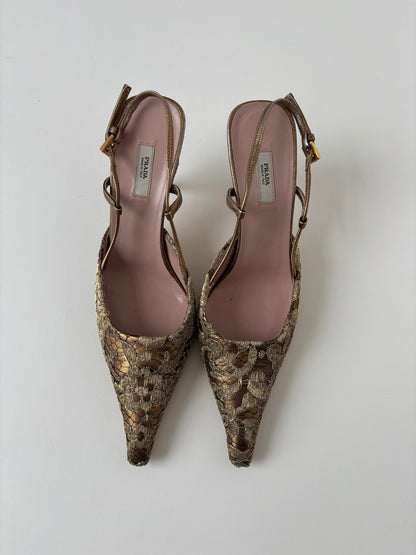 Prada 2000s golden lace kitten heel slingbacks (EU 36 / US 5.5) - Image 2