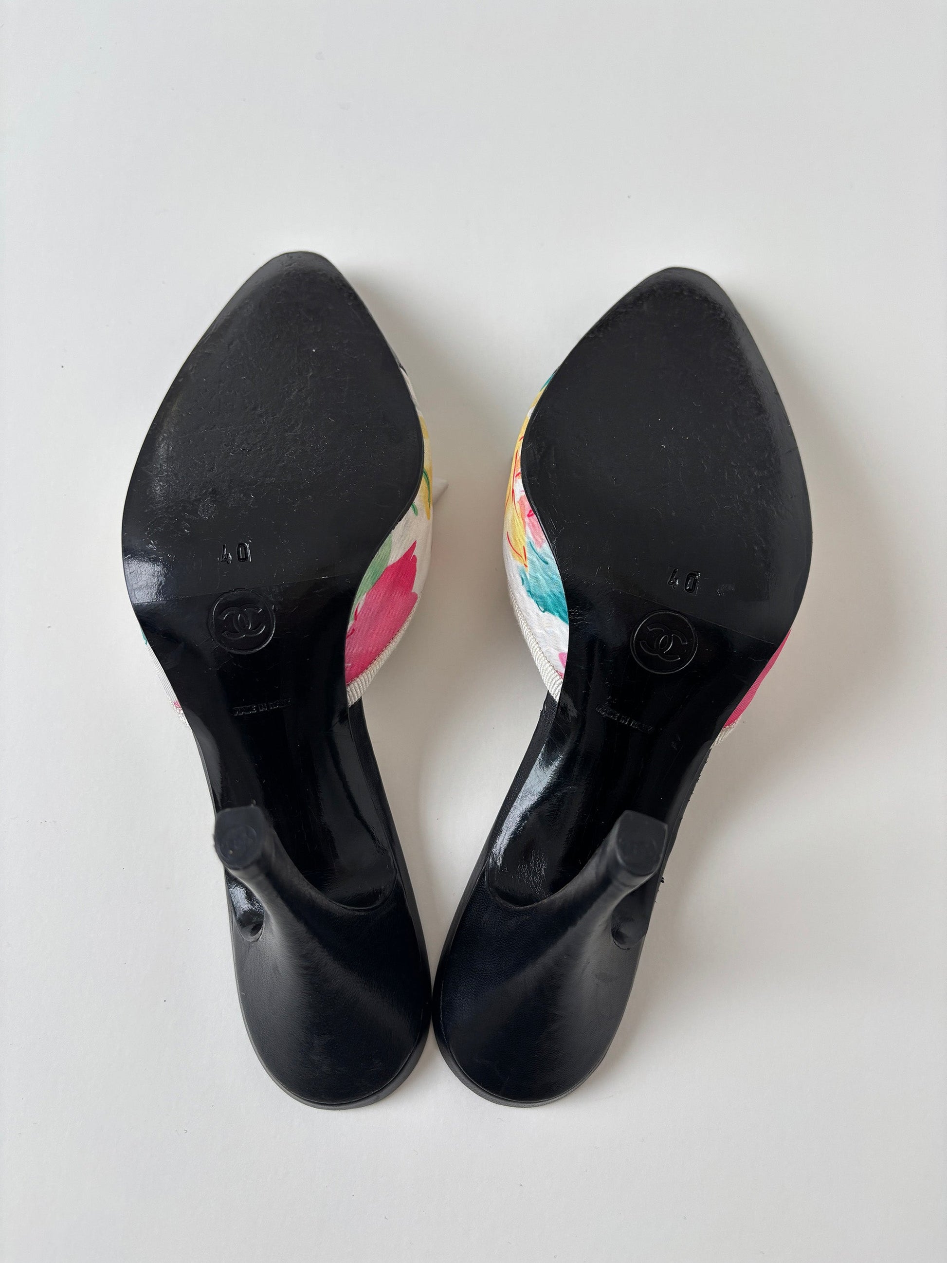 Chanel by Karl Lagerfeld 1990s floral bow logo mules (EU 40 / US 9.5)