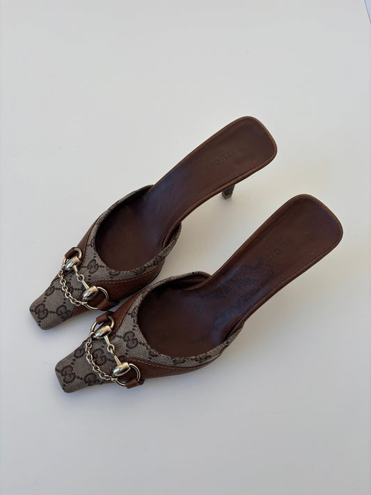 Gucci by Tom Ford 2000s tan squared chain & monogram mules (EU 38 / US 7.5)